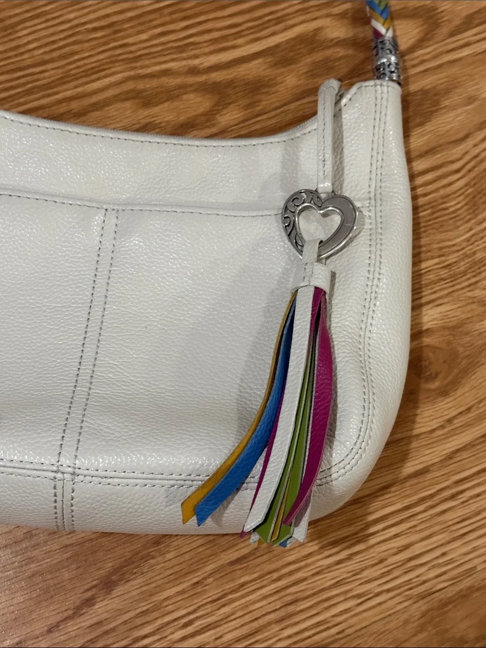 Brighton White Leather Shoulder Bag with Multicolor Braided Strap and Tassel